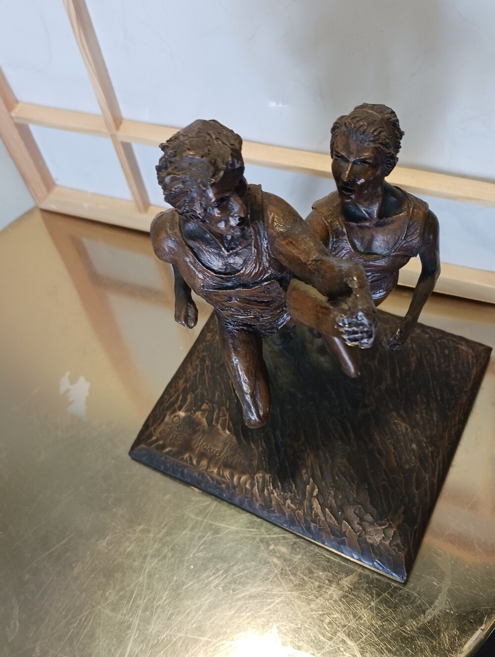 Bronze-Tone Runner Pair Sculpture – Signed By marcel  Bronze Like Clay